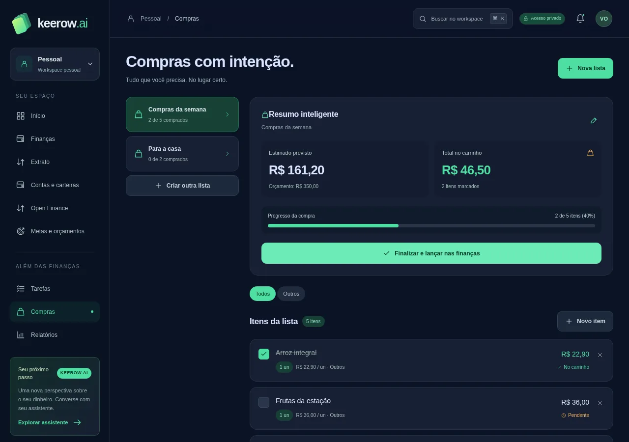 Tela de compras do Keerow.ai