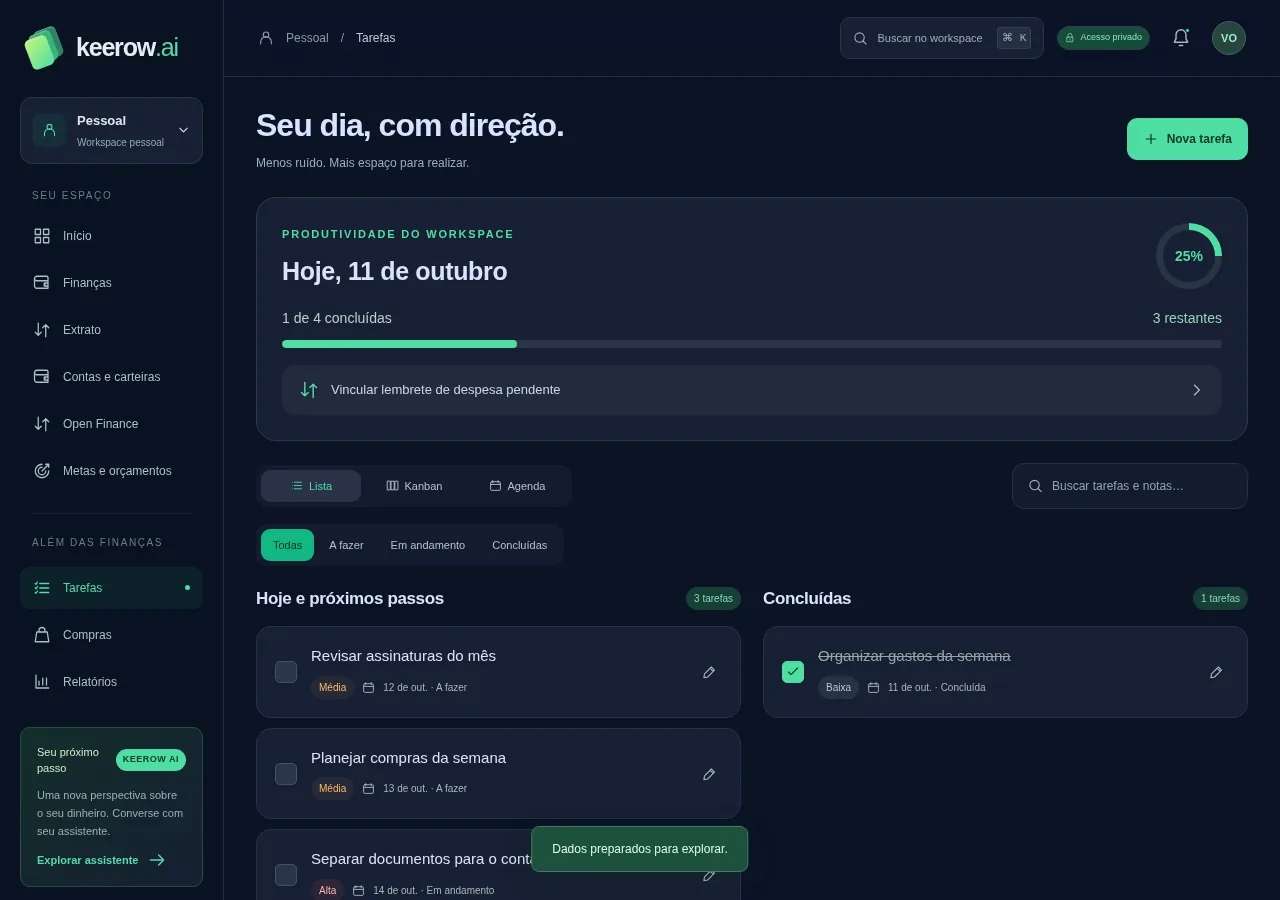Tela de tarefas do Keerow.ai